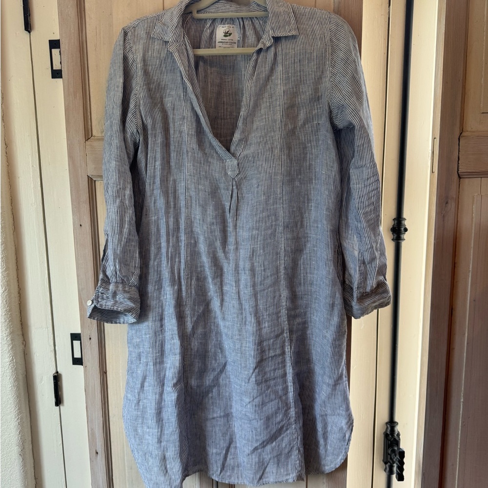100% organic cotton Lightweight Blue Striped Linen Tunic Dress with pockets
